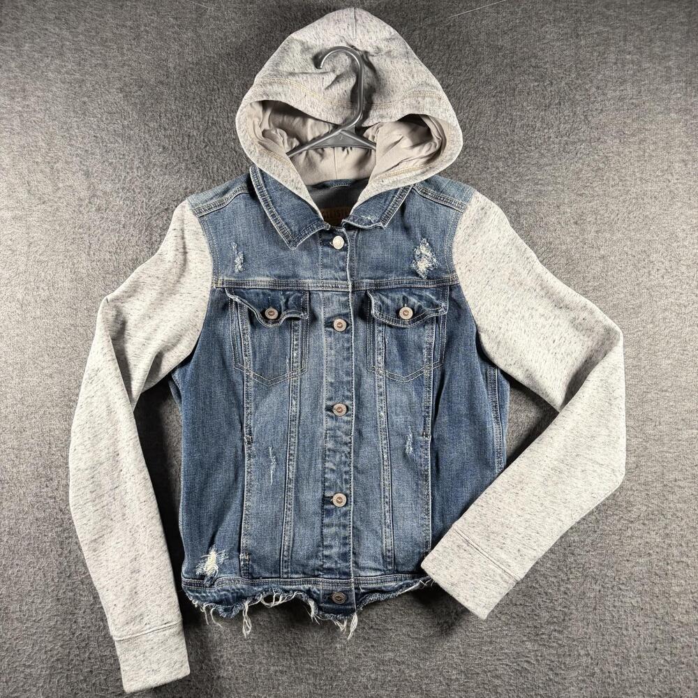 Hollister Jacket Womens Medium Blue Denim Hooded Varsity Distressed Grunge Y2K